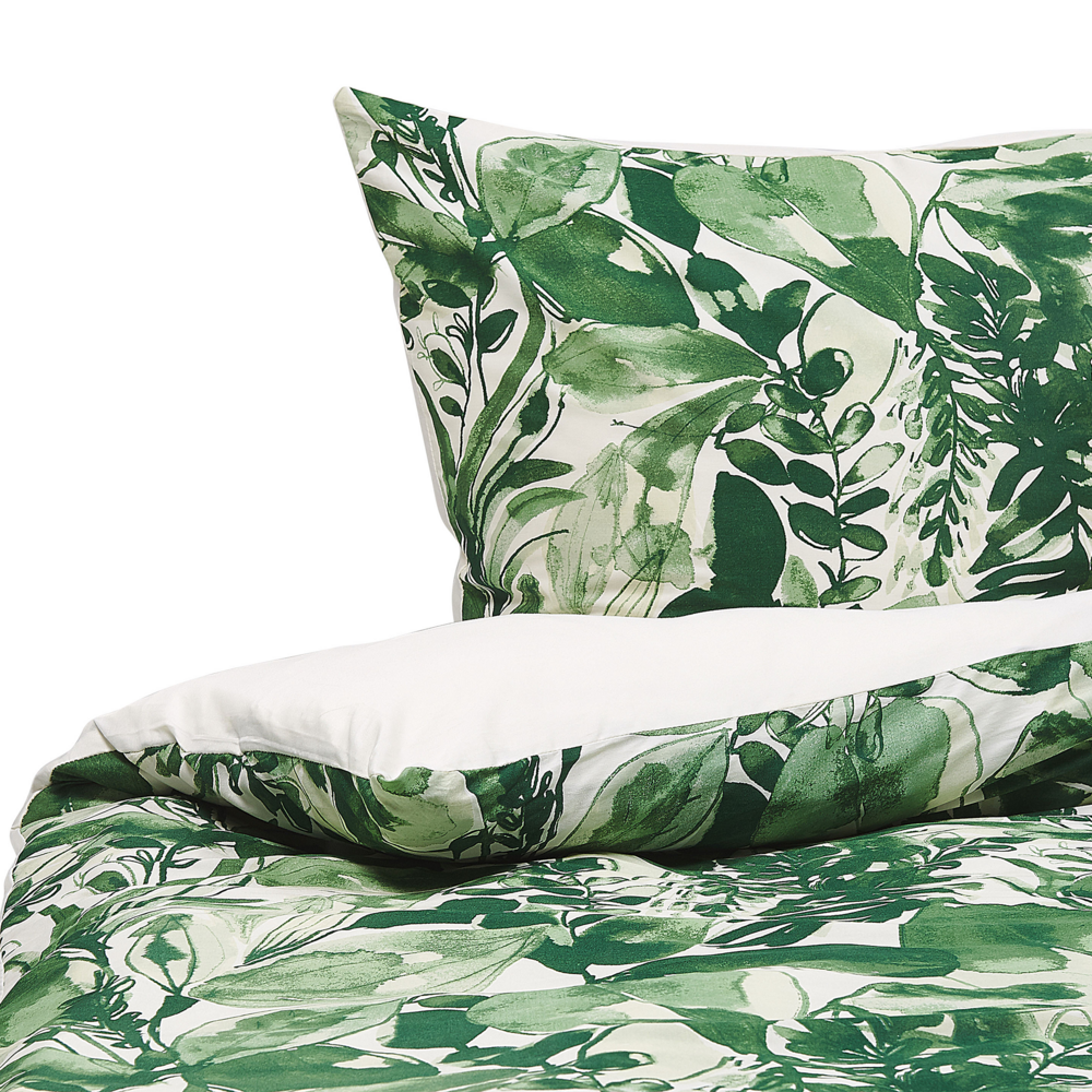 Image of Set copripiumino e federa in misto cotone verde e bianco 135 x 200 cm con stampa a foglie moderna Boho camera da letto