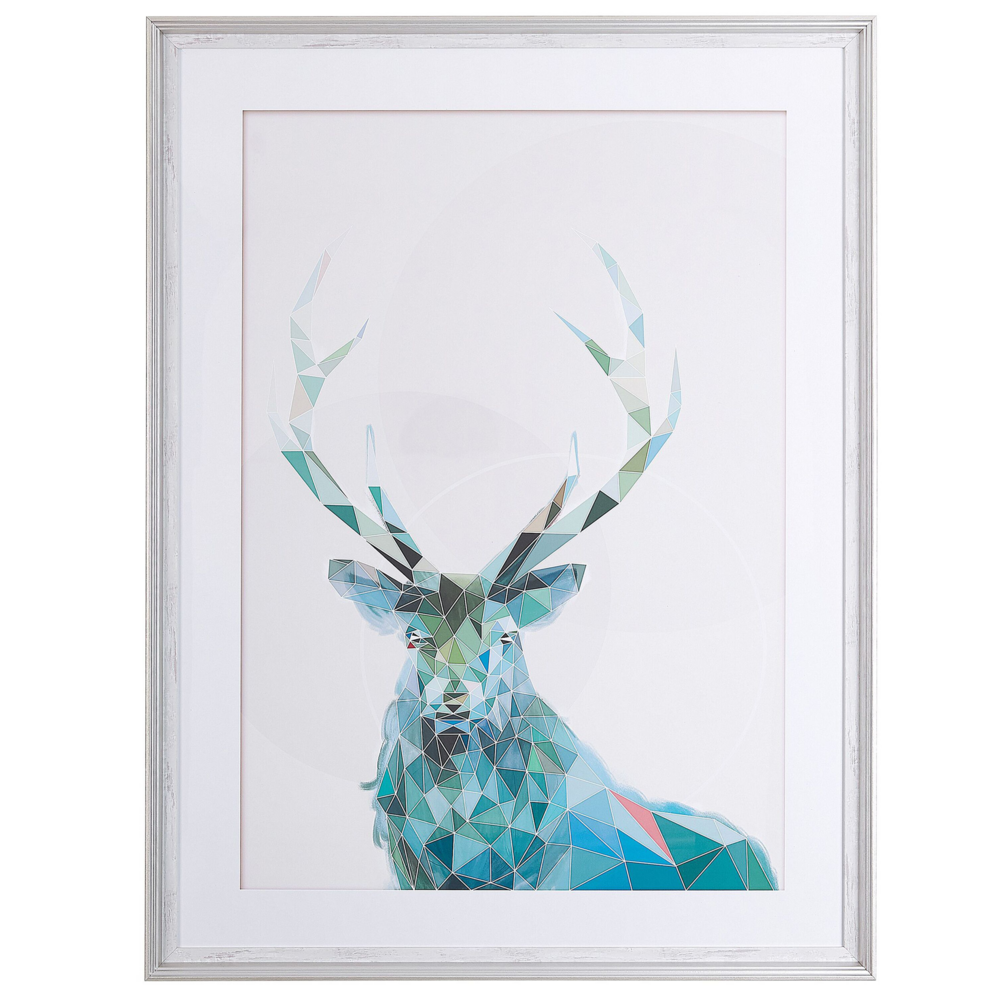 Image of Stampa artistica da parete con cornice Cervo blu con cornice bianca 60 x 80 cm Design scandinavo minimalista invecchiato
