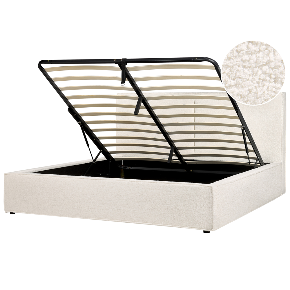 Letto king size 180 x 200 cm Bianco Sporco Rivestimento in bouclé Ottomana di contenitore Telaio a doghe Camera da letto moderna contemporanea