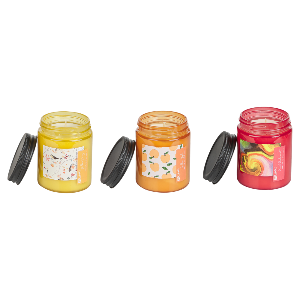 Image of Set di 3 candele profumate multicolore 100% cera di soia stoppino di cotone vetro fragranza fruttata pesca rossa corrente bacche gialle mela d&#39;oro
