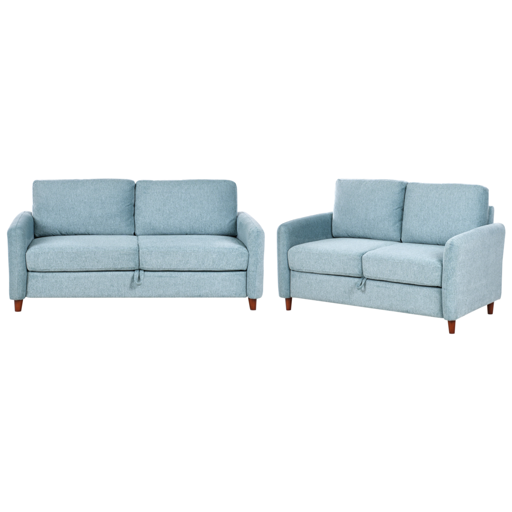 Set da salotto composto da divani da 2 e 3 posti rivestito in tessuto azzurro con braccioli soggiorno stile moderno