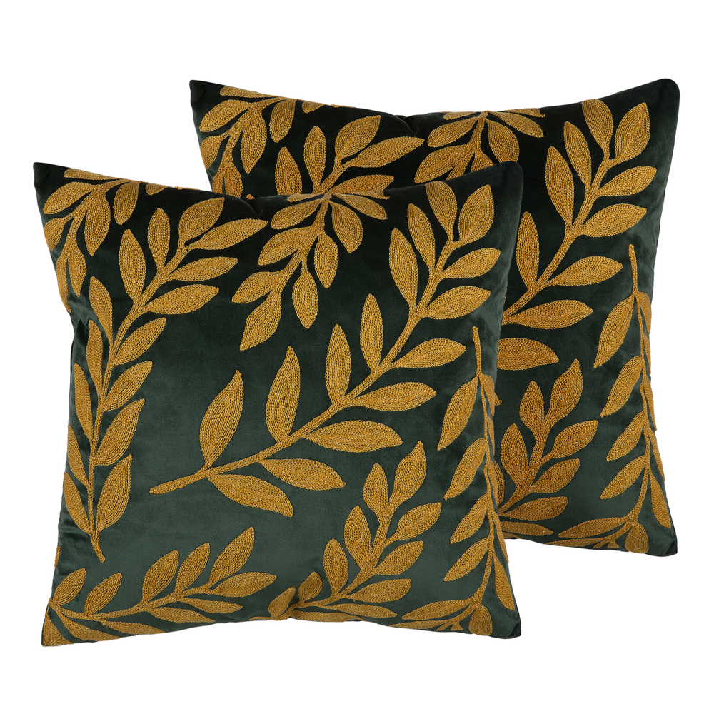 Image of Set di 2 Cuscini Decorativi Velluto Verde Ricamato Motivo Foglia 45 x 45 cm Motivo Floreale Glamour Arrossoamento Retrò Accessori
