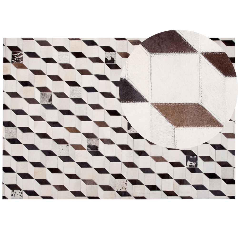 Image of Tappeto Crema Pelle 160 x 230 cm Moderno Patchwork Pelle Bovina Motivo 3D Tappeto Rettangolare Fatto a Mano