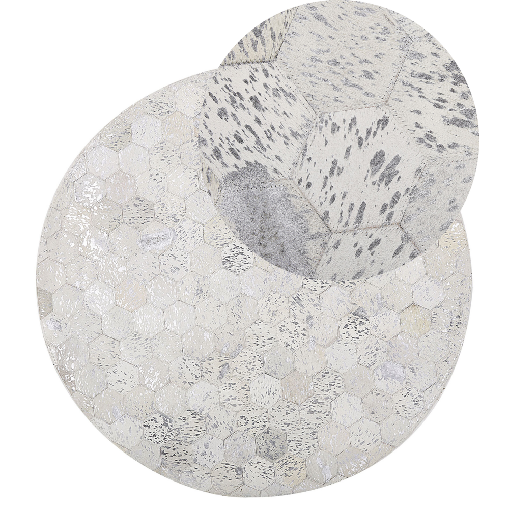 Image of Tappeto Rotondo Argento con Pelle di Vacchetta Beige ø 140 cm Patchwork Esagoni Glamour