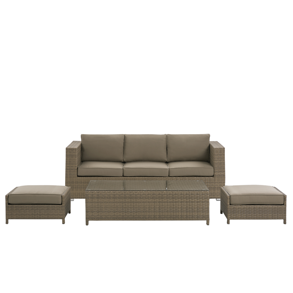 Image of Divano da esterno Set divano a 3 posti in finto rattan marrone con tavolo e 2 ottomani con cuscini