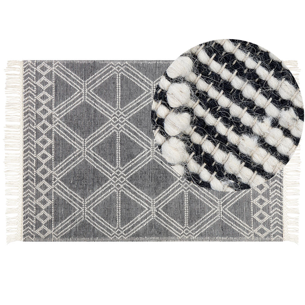 Image of Tappeto grigio e bianco sporco in lana e cotone 160 x 230 cm intrecciato a mano a trama piatta con frange e motivo geometrico