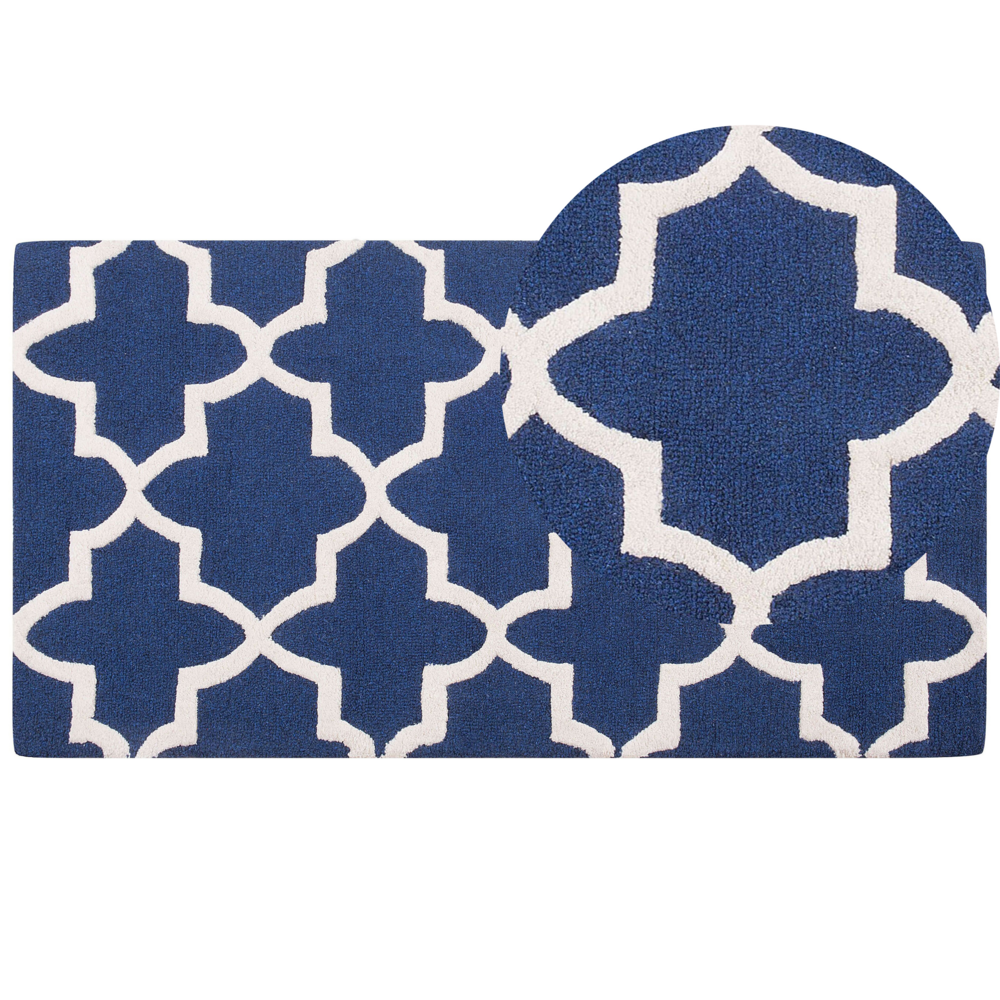 Image of Tappeto tappetino Lana Blu 80 x 150 cm Traliccio Motivo Quadrifoglio Trapuntato a Mano Orientale Trifoglio Marocchino