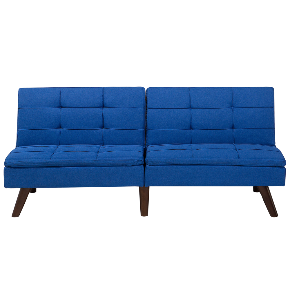 Image of Divano letto blu cobalto 3 posti trapuntato tappezzeria Click Clack Split indietro gambe in metallo