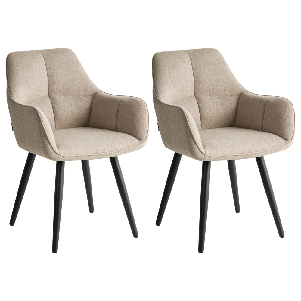 Set di 2 sedie da pranzo imbottite con braccioli, rivestimento in finto lino beige base in metallo, design moderno