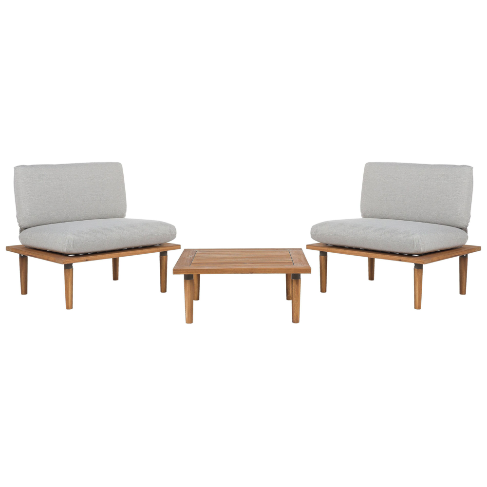 Image of Set Divani Da Giardino Cuscini Grigi In Legno Massello Di Acacia Set Conversazione Da Esterno Moderno A 2 Posti Poltrone Con Tavolino Cuscini Grigi