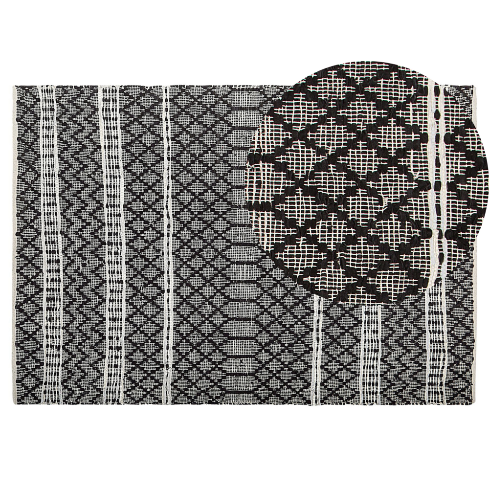 Image of Tappeto tappetino Nero con Beige 140 x 200 cm Moderno Contemporaneo Tessuto a Mano in Vera Pelle Cotone Motivo Chevron