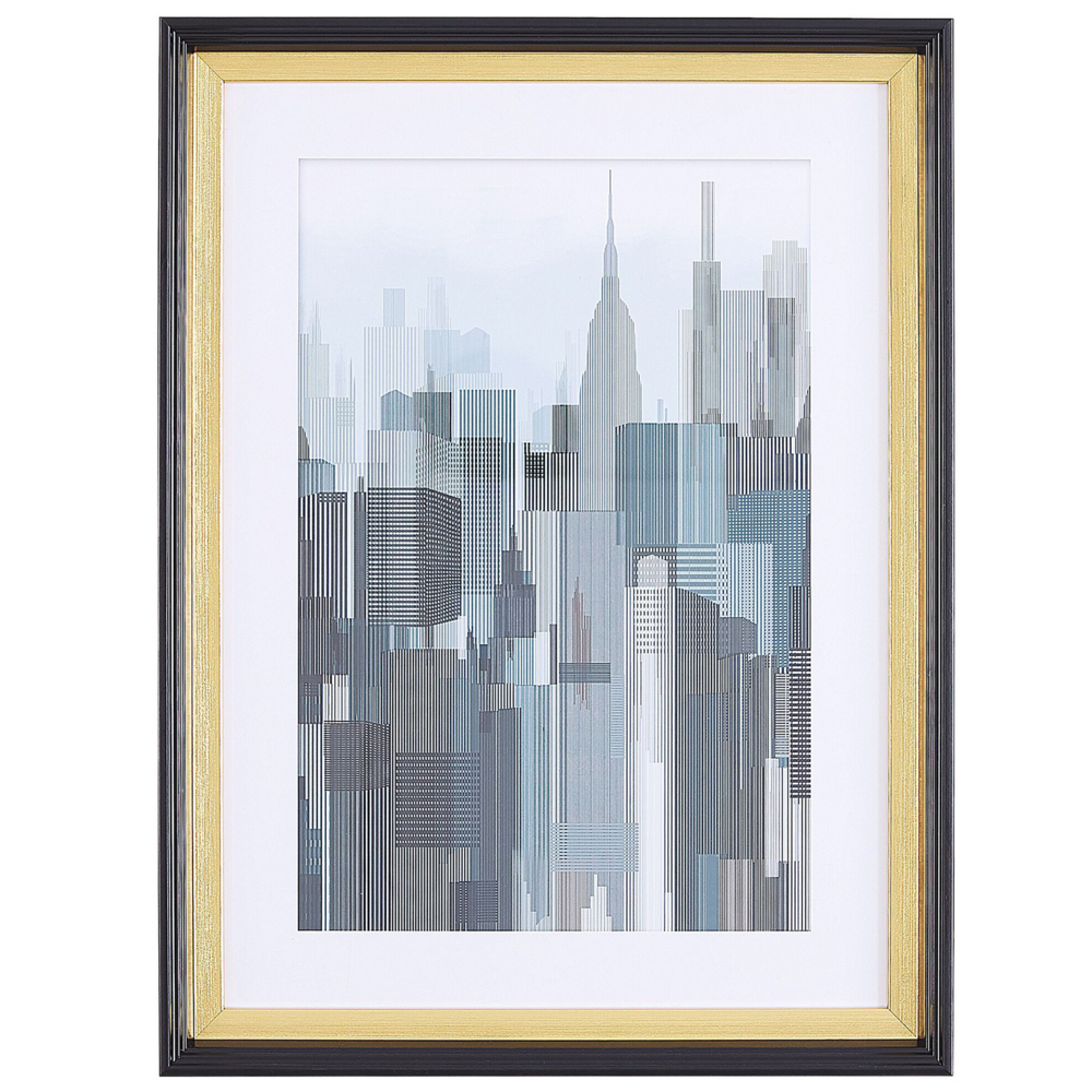 Image of Quadro da parete con cornice Stampa blu e grigia Cornice dorata e nera 30 x 40 cm Grattacieli City Passe-Partout Industrial Minimalista