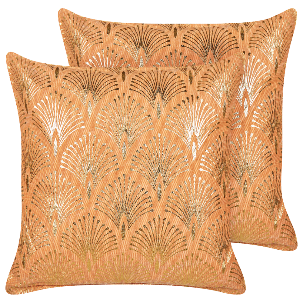 Image of Set di 2 cuscini moderni in cotone arancione con motivo geometrico fatti a mano e sfoderabili 45 x 45 cm con imbottitura stile boho