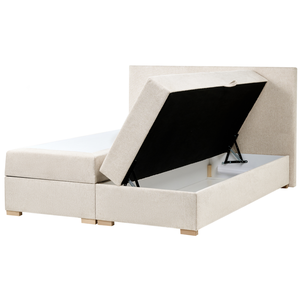Letto matrimoniale con contenitore sollevabile in tessuto beige chiaro 160 x 200 cm con testiera stile moderno