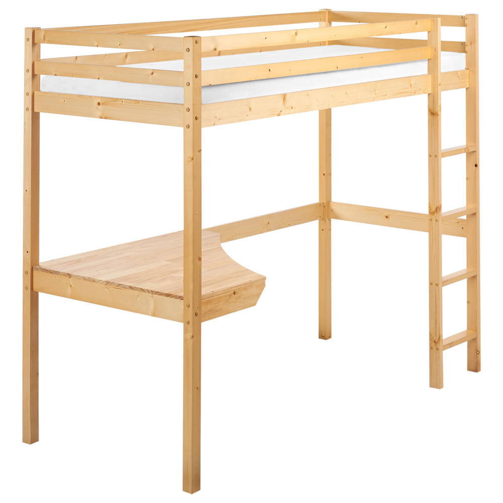 Letto singolo a soppalco in legno chiaro 90 x 200 cm con telaio e contenitore con scrivania cameretta bambini