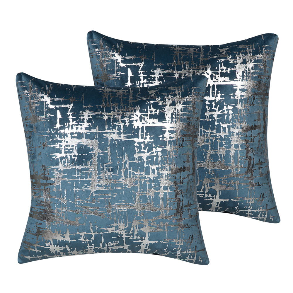 Image of Set di 2 cuscini decorativi Velluto blu Argento effetto craquelé 45 x 45 cm Motivo stampa Accessori arrossoamento glamour