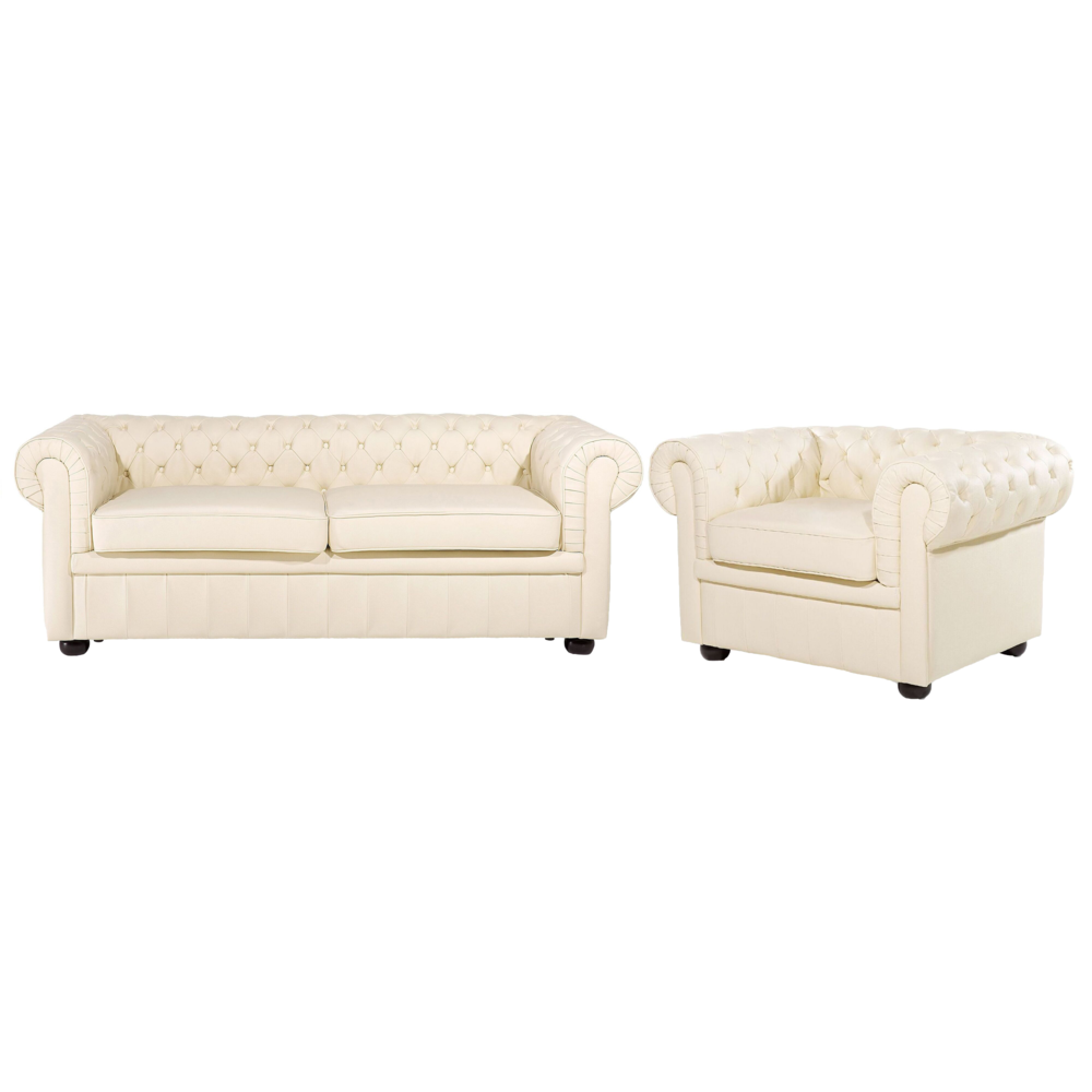 Image of Set soggiorno Chesterfield tappezzeria in pelle crema gambe in legno scuro divano a 3 posti + poltrona contemporanea