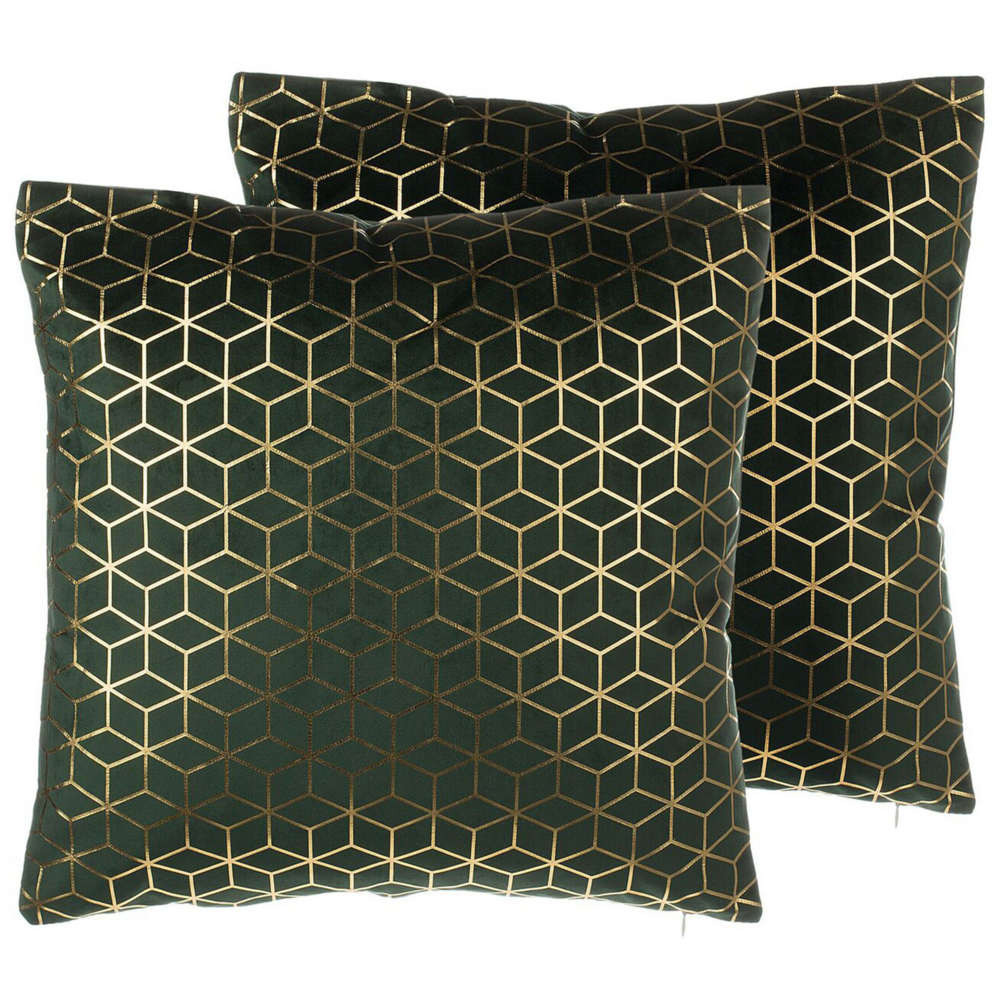 Image of Set di 2 cuscini Decorativo Velluto Verde Motivo Cubo 45 x 45 cm Stampa Geometrica Lamina Moderno Glamour Decor Accessori