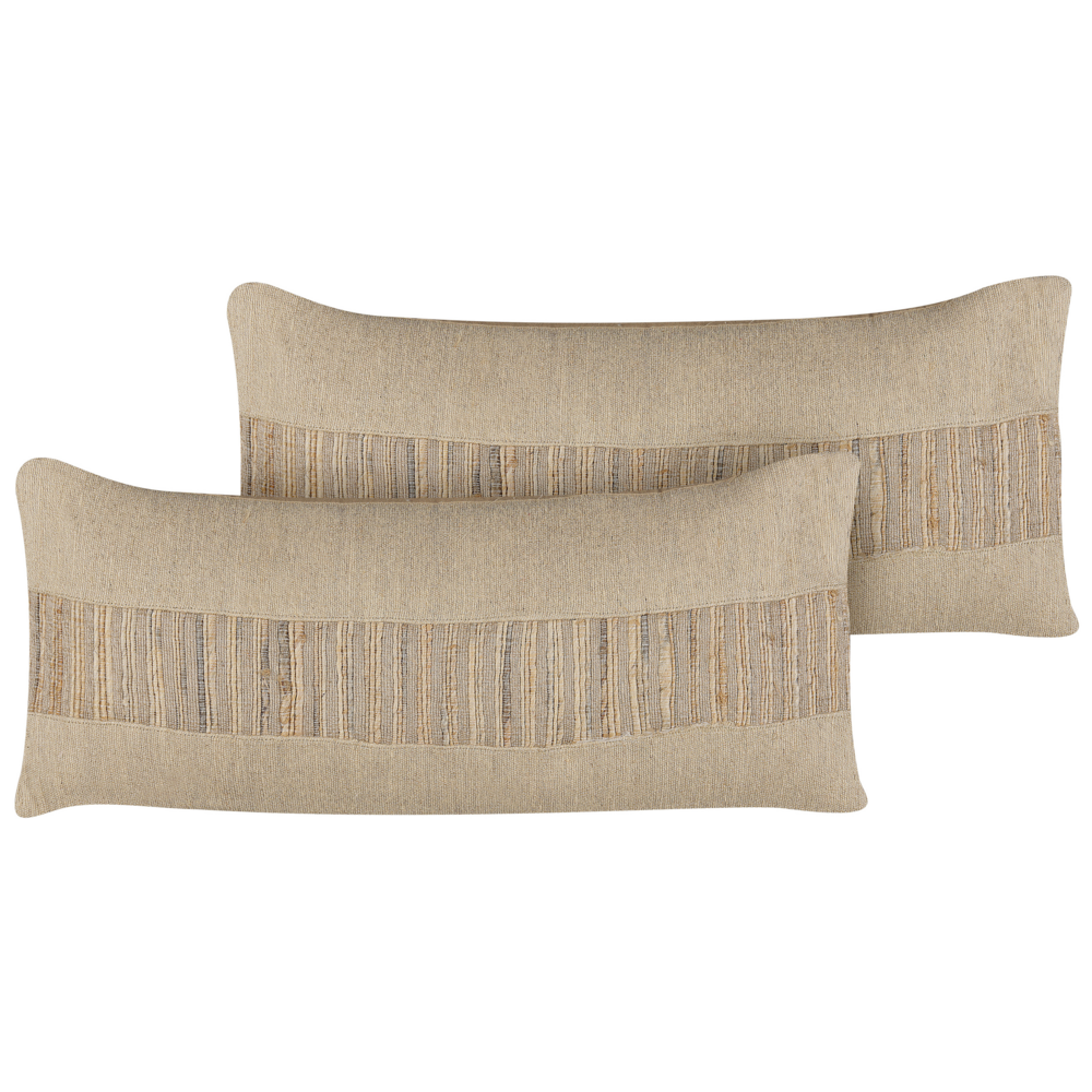 Image of Set di 2 cuscini in iuta con imbottitura sfoderabile e nappe decorative a tinta unita beige 30 x 70 cm decorativi boho