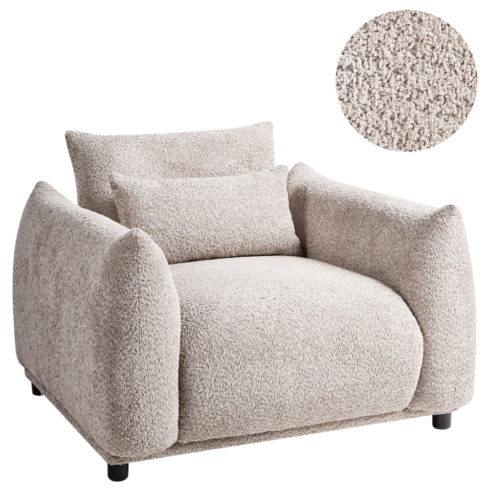 Poltrona in tessuto bouclè beige e gambe nere Schienale Curvo Stile Retro Glam Art Decor