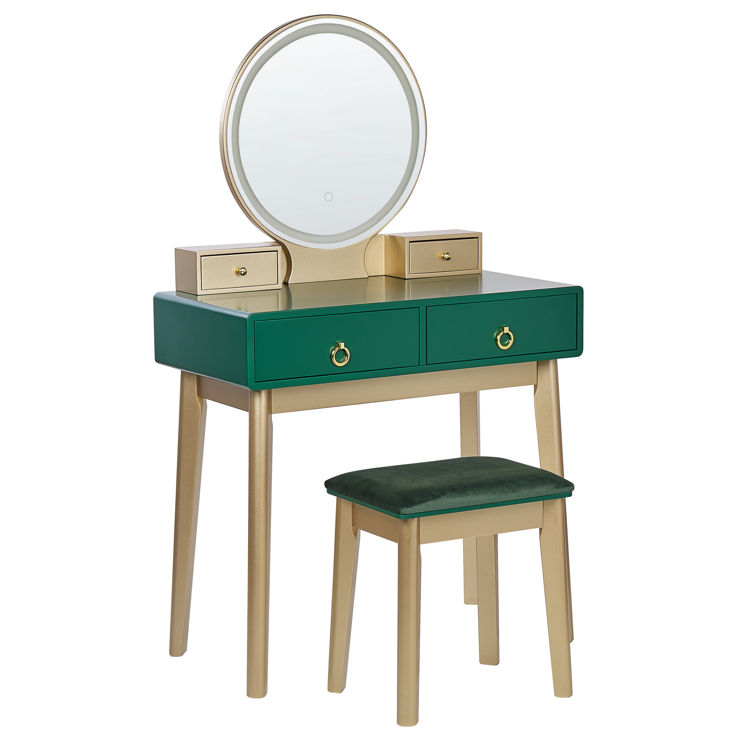 Kaptafel met LED spiegel en kruk groen/goud FEDRY