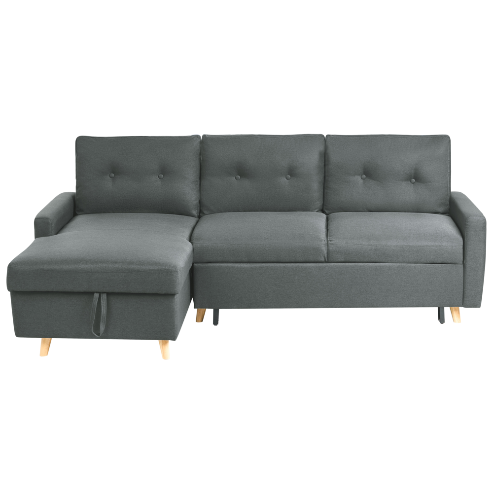 Divano letto ad angolo in tessuto grigio 4 posti contenitore a forma di L con orientamento a versione destra