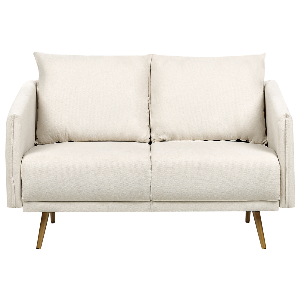 Divano Tessuto Beige 2 Posti Schienale Imbottito Gambe In Metallo Dorato Retrò Glam