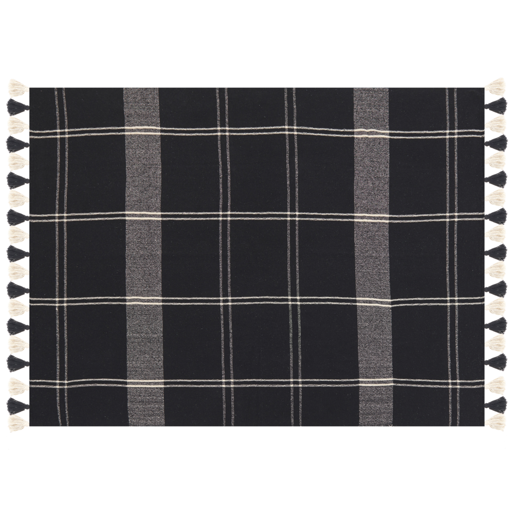 Image of Coperta in cotone nero 130 x 170 cm Accessorio a scacchiera con frange decorative Fatto a mano