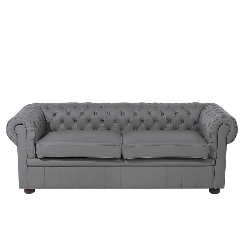 Image of Divano Chesterfield Grigio Rivestimento in Vera Pelle Gambe in Legno Scuro 3 Posti Contemporaneo