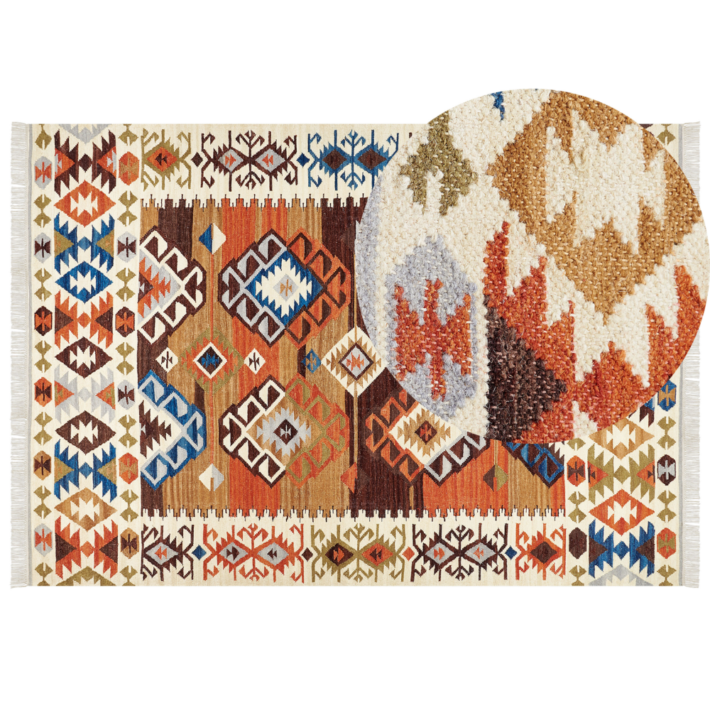 Image of Tappeto Kilim multicolore in lana e cotone 200 x 300 cm Fatto a mano con motivo patchwork Boho e frange.