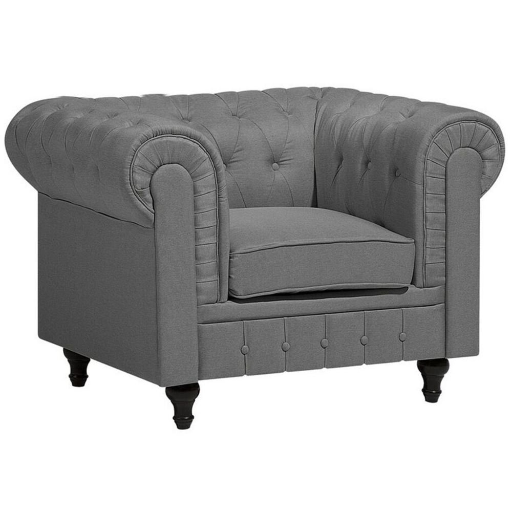 Image of Poltrona Chesterfield Rivestimento in Tessuto Grigio Chiaro Gambe in Legno Scuro Contemporanea