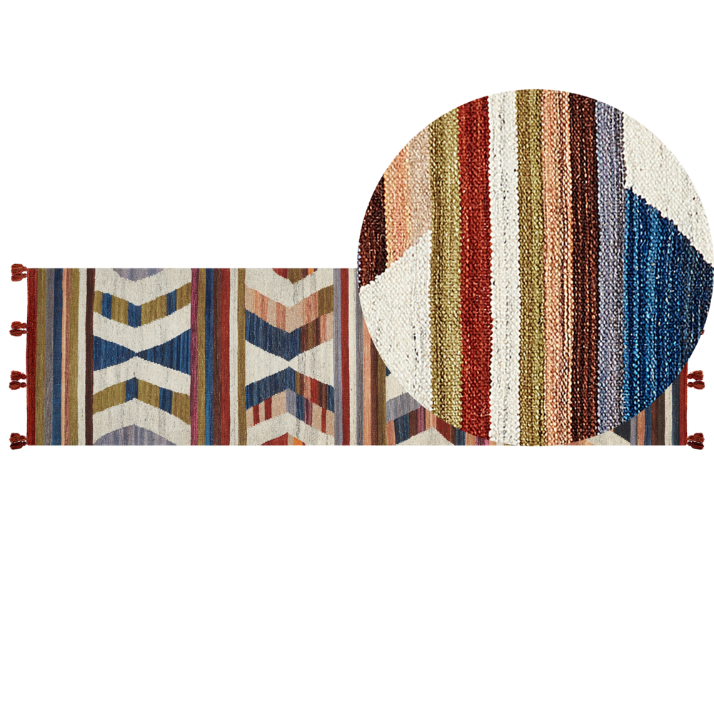 Image of Tappeto di lana multicolore 80 x 300 cm kilim fatto a mano con strisce e nappe soggiorno camera da letto