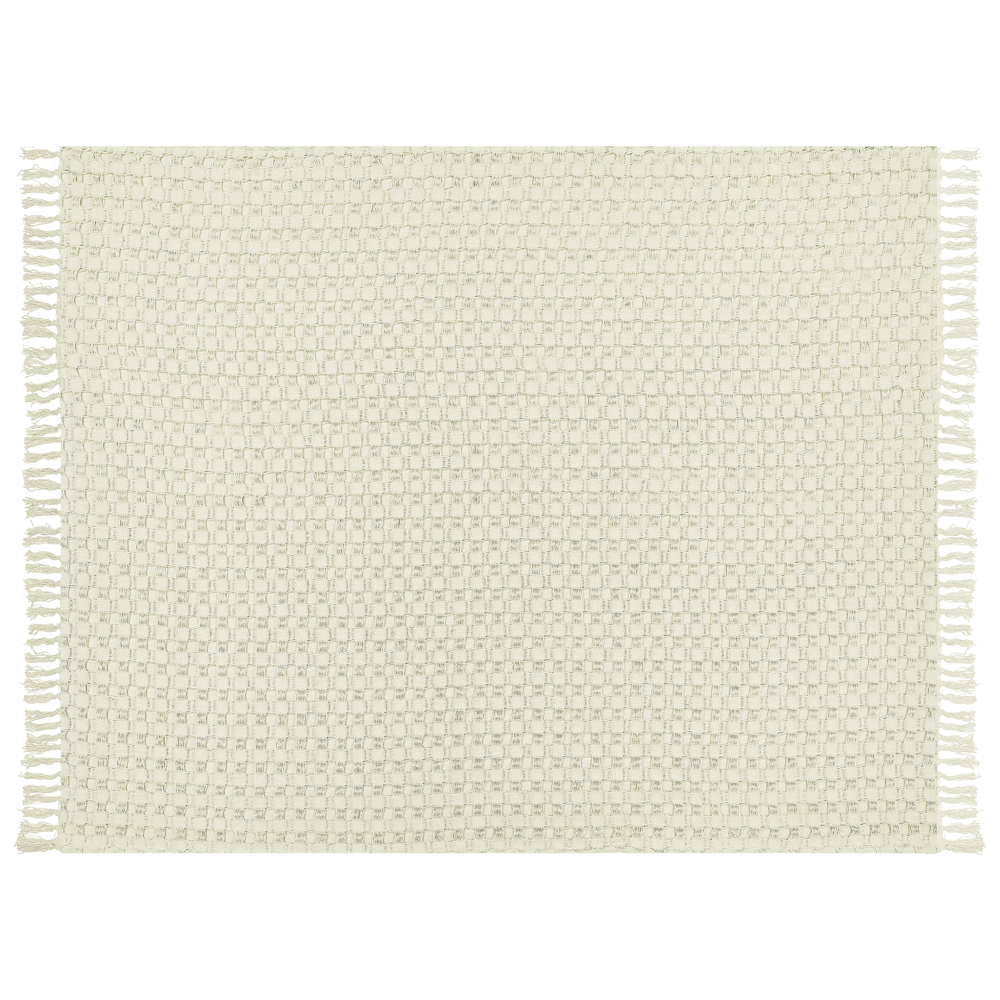 Image of Copriletto in tessuto di cotone bianco sporco 150 x 200 cm con frange Coperta decorativa Biancheria da letto design classico Camera da letto
