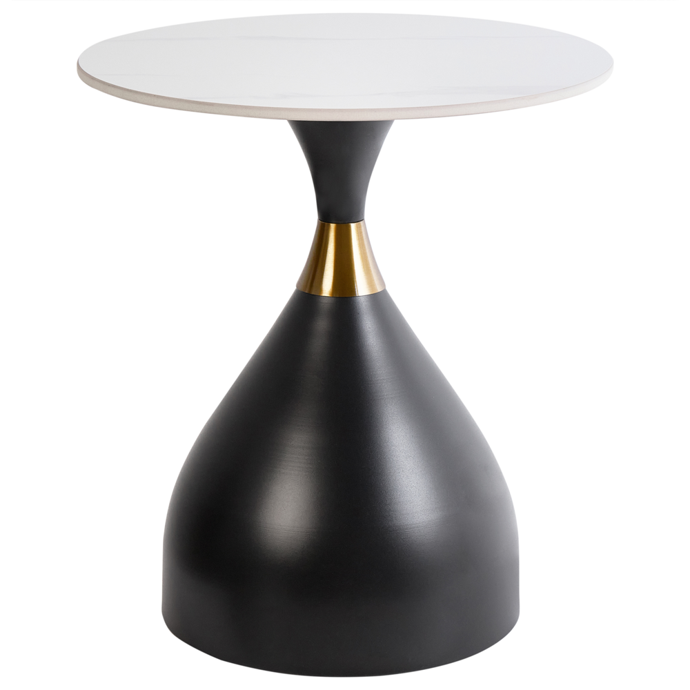 Tavolino Piano in pietra sinterizzata bianca Base in metallo nero ø 50 cm Aspetto naturale Accento oro Design moderno Soggiorno