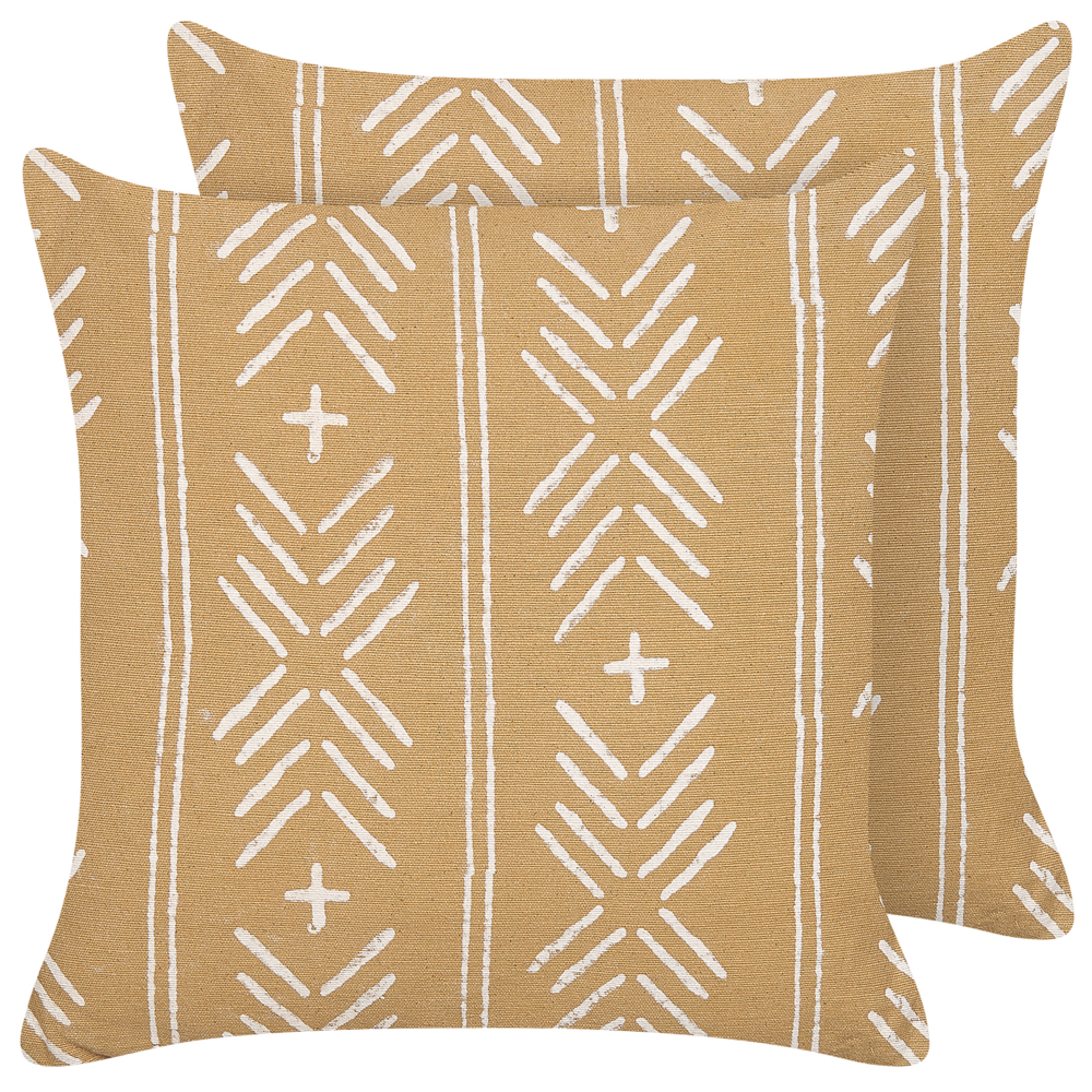 Image of Set di 2 cuscini decorativi cotone beige e bianco 45 x 45 cm motivo geometrico fatto a mano sfoderabile con imbottitura