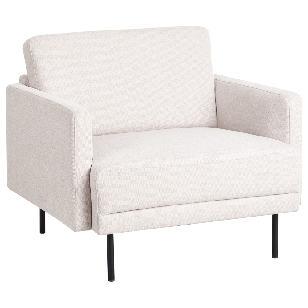 Poltrona moderna imbottita in tessuto beige chiaro con gambe in metallo stile moderno e minimalista