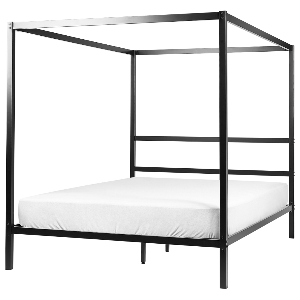 Letto matrimoniale a baldacchino con doghe e struttura in metallo nero 160 x 200 cm stile industriale moderno