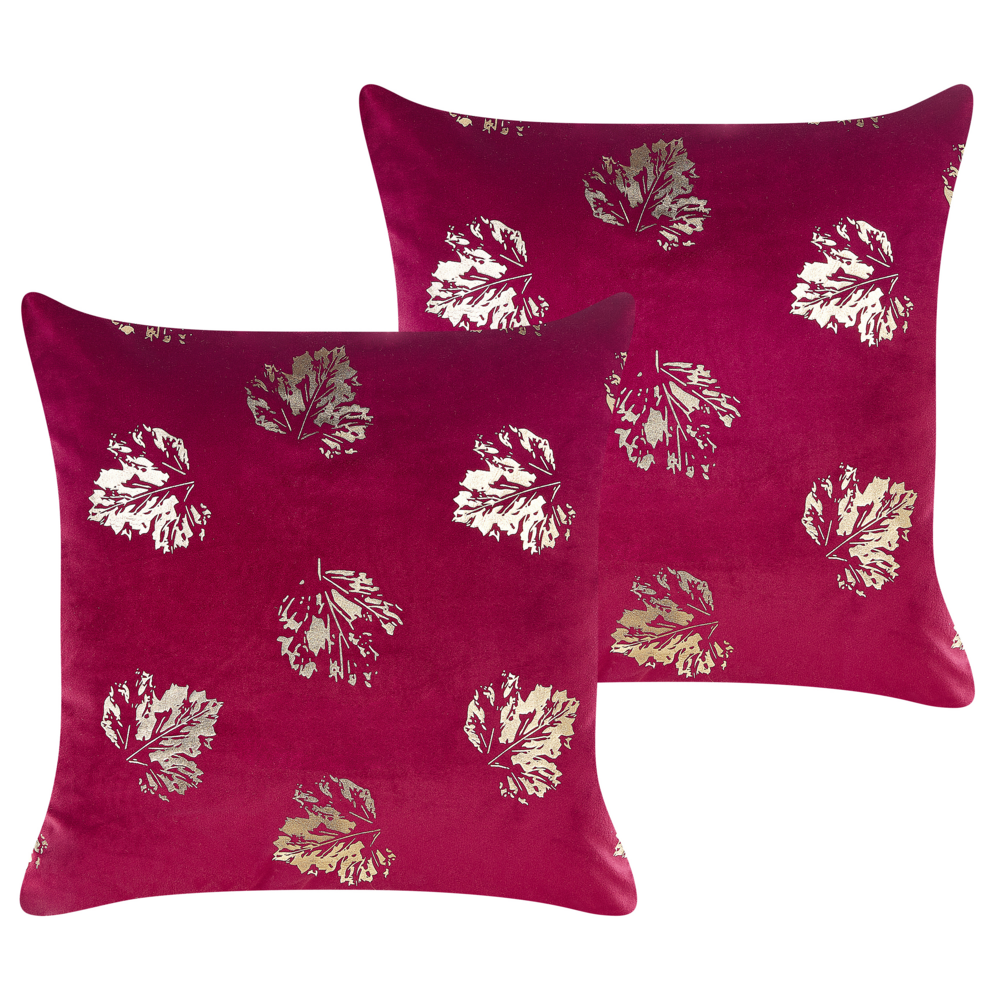 Image of Set di 2 cuscini decorativi in velluto bordeaux con motivo a foglie 45 x 45 cm Stampa in lamina d&#39;oro Accessori decorativi