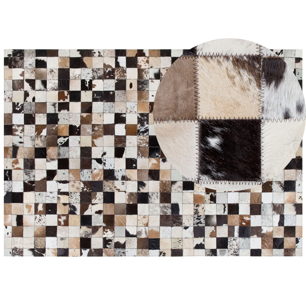 Image of Tappeto Marrone Beige Pelle 160 x 230 cm Moderno Patchwork Pelle Bovina Artigianale