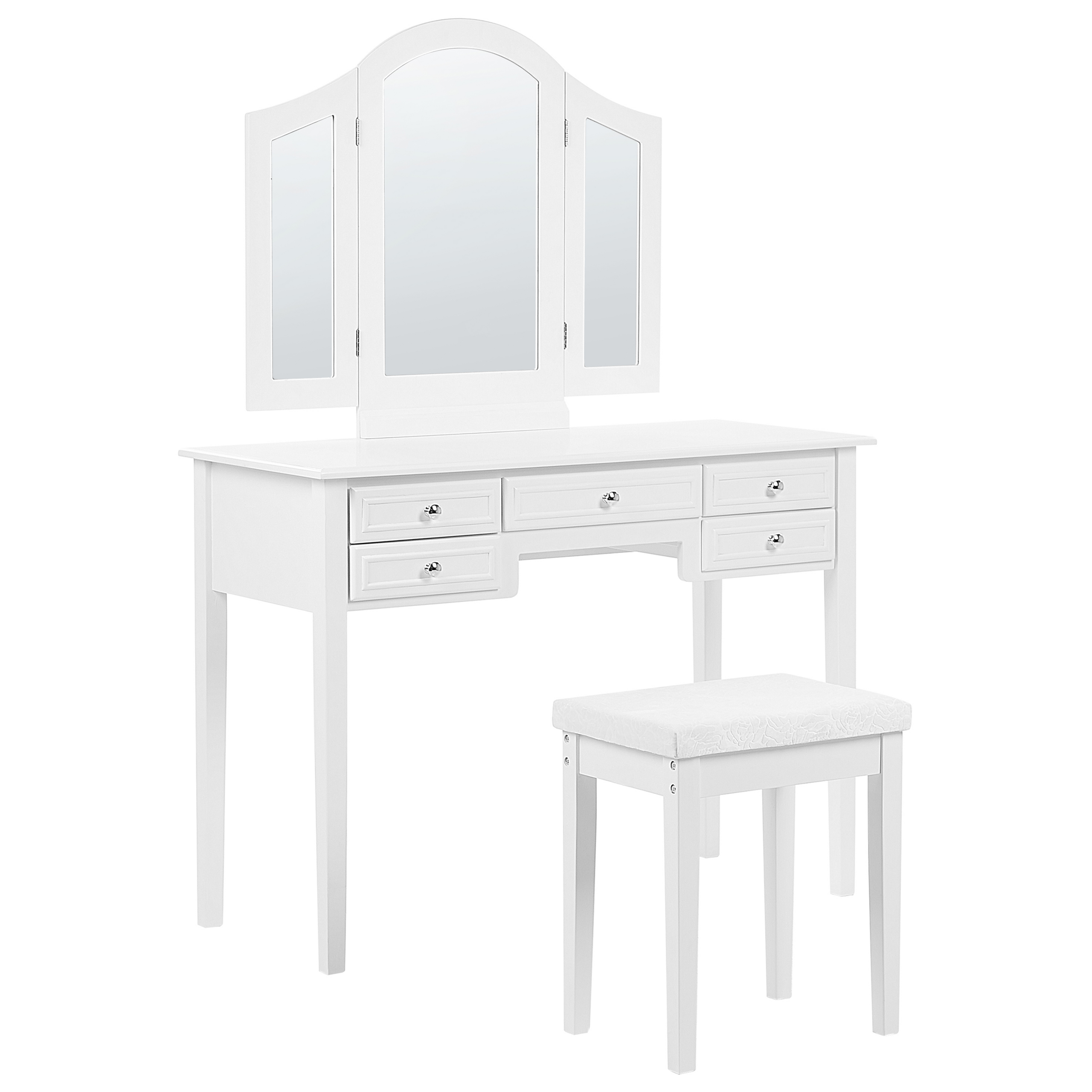 Kaptafel met 5 lades, spiegel en krukje wit LUMIERE