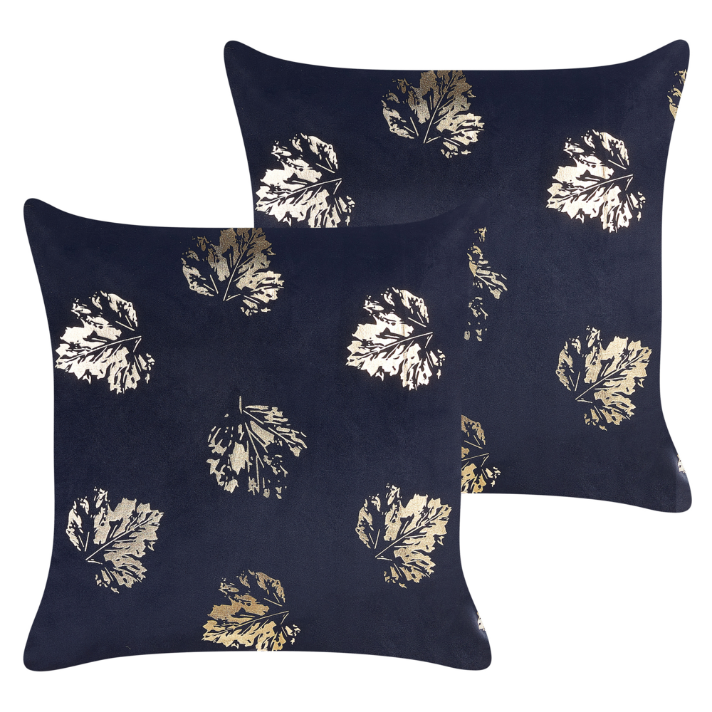 Image of Set di 2 cuscini decorativi in velluto nero con motivo a foglie 45 x 45 cm Stampa in lamina d&#39;oro Accessori decorativi