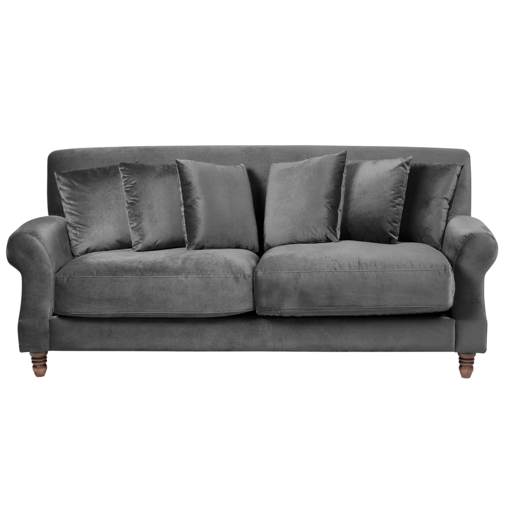 Divano con 6 cuscini Rivestimento in velluto grigio Gambe in legno chiaro 2 posti