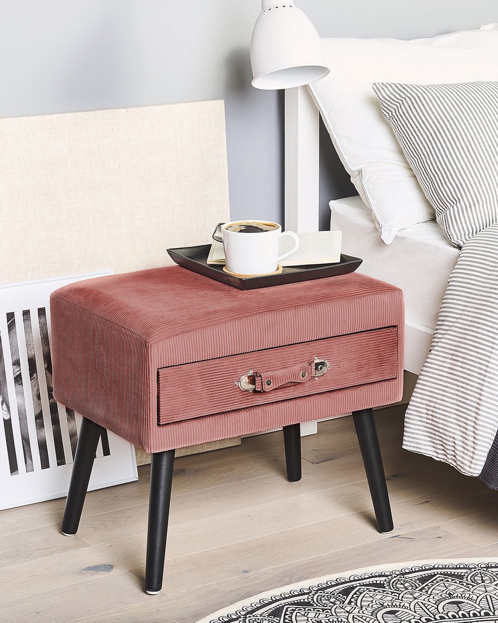 Tavolino Con Contenitore Rosa Gambe Nere In Velluto A Coste 46 X 50 X 35 Cm Valigia-image