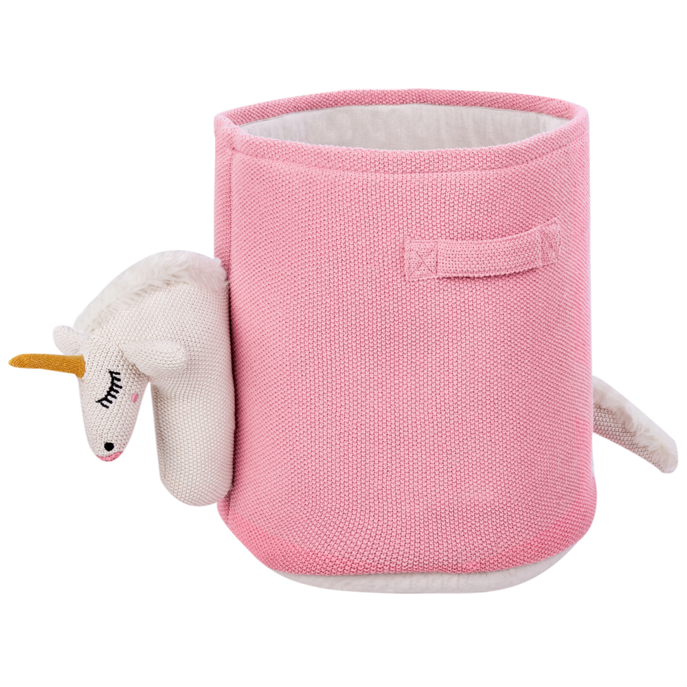 Image of Cesto portagiochi a forma di unicorno in cotone rosa lavorato a maglia cameretta stanza per bambini