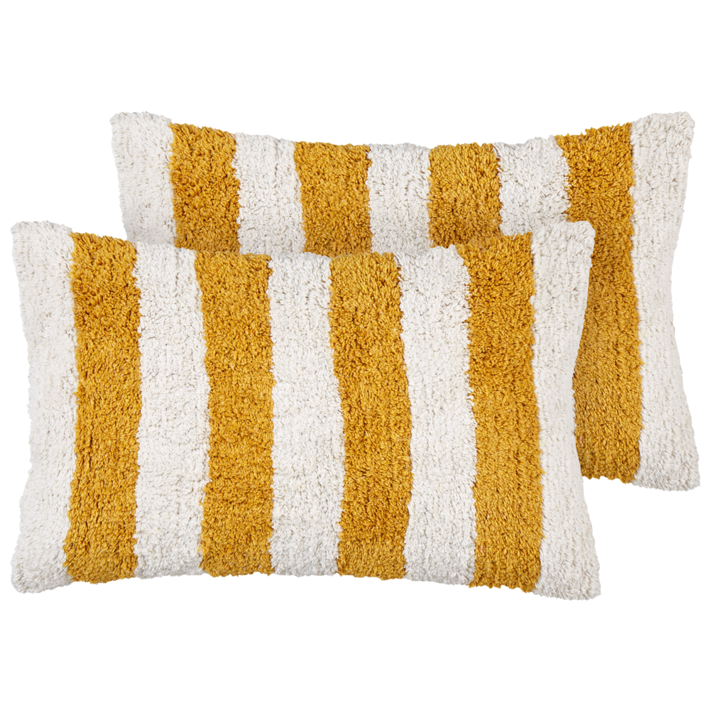 Image of Set di 2 cuscini decorativi in cotone bianco e giallo 30 x 50 cm con motivo a righe e rivestimento rimovibile Accessori moderni per la camera da letto e il soggiorno