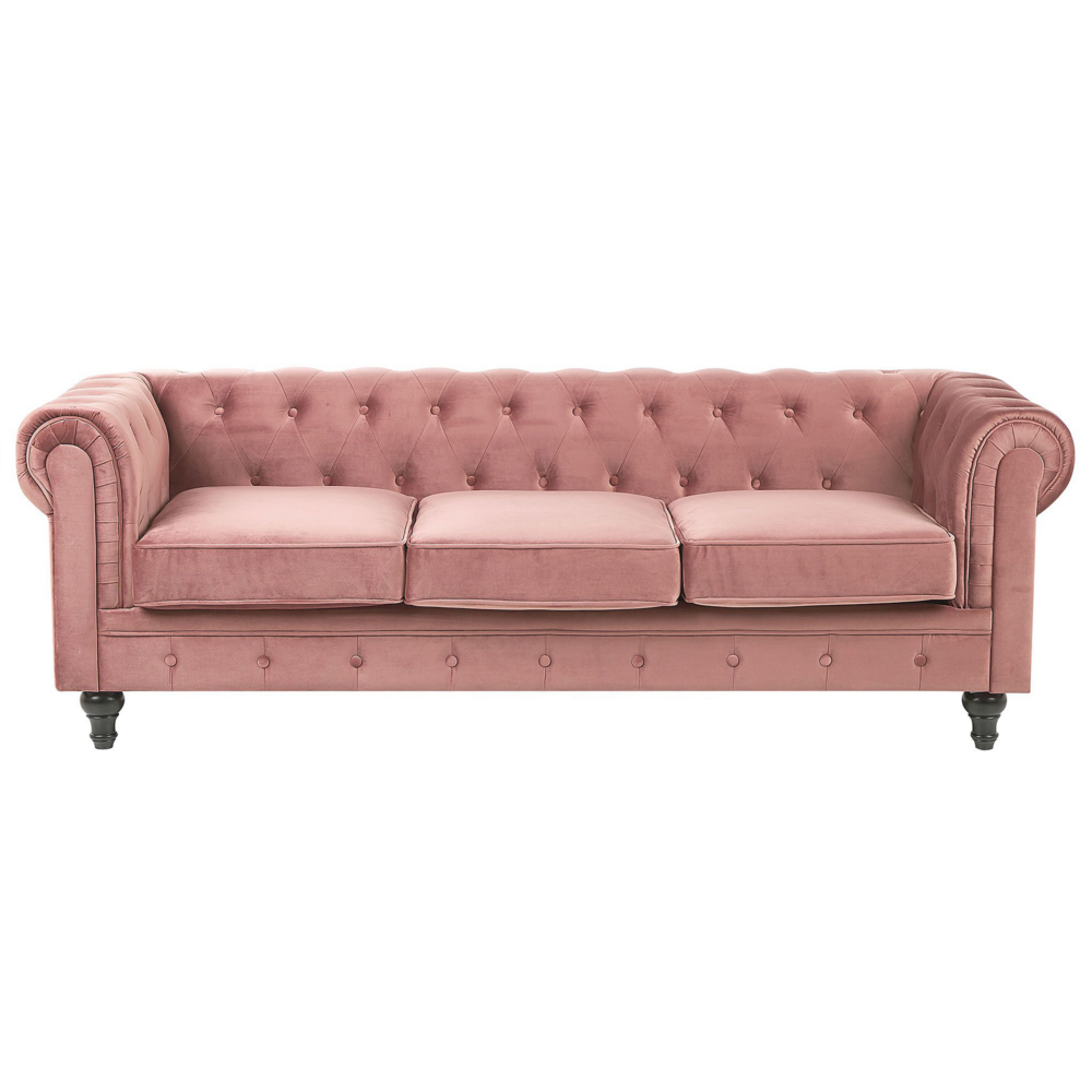 Image of Divano Chesterfield Tessuto Velluto Rosa Rivestimento Gambe Nere 3 Posti