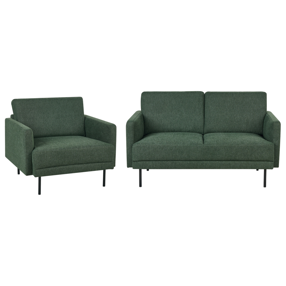 Set soggiorno divano 3 posti e poltrona con gambe in tessuto verde scuro stile moderno e minimalista
