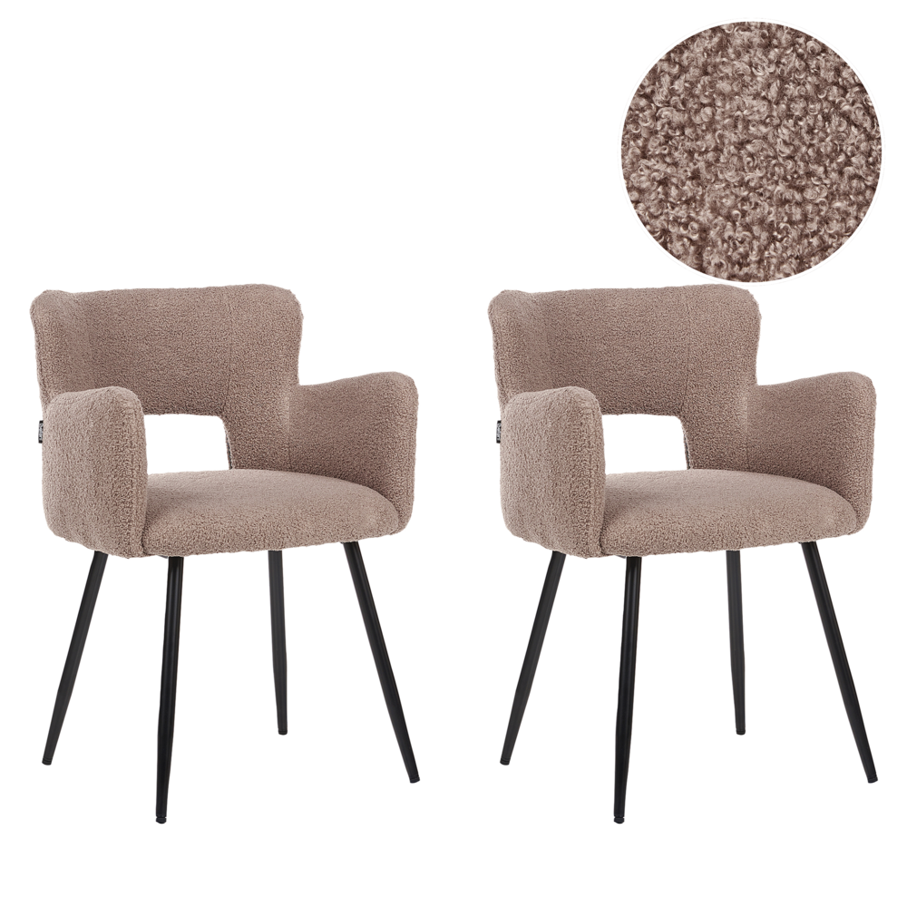 Image of Set di 2 sedie Sedia da pranzo marrone Boucle con braccioli Schienale ritagliato Gambe in metallo nero