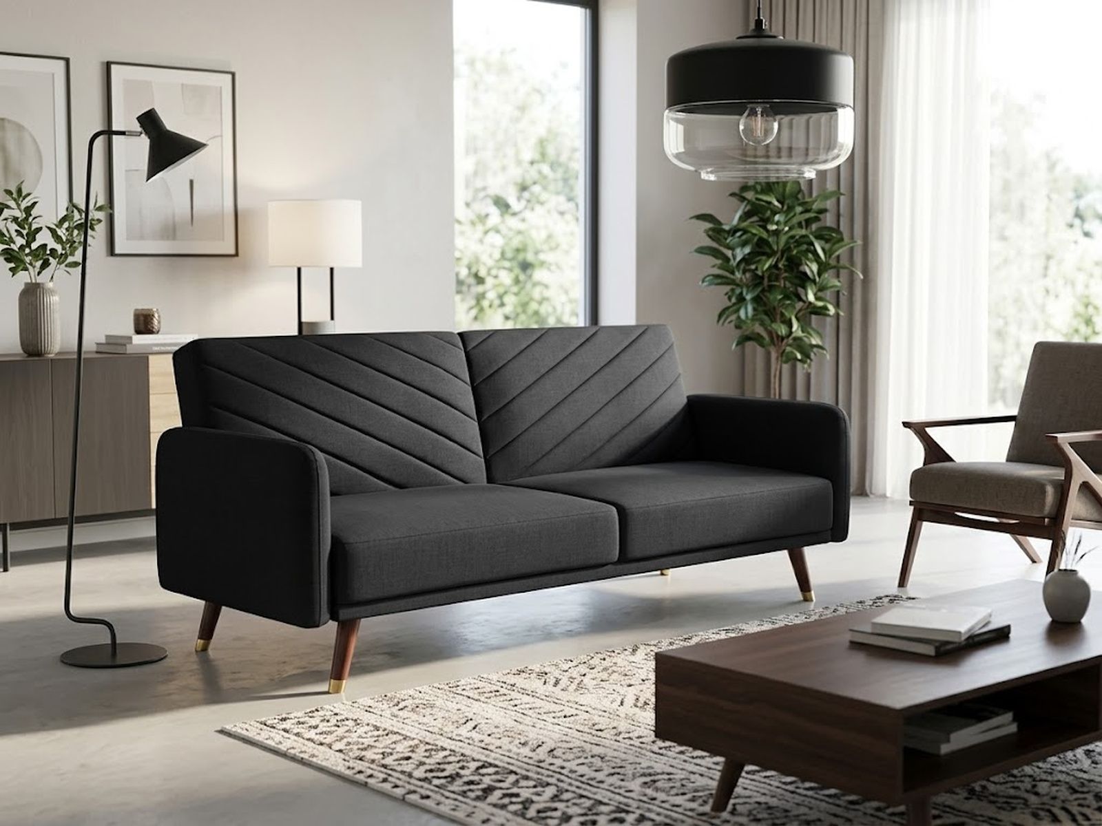 3-Sitzer Sofa klappbar Kunstleinen schwarz gesteppt Schlafsofa Retro-Stil Senja 4255664895196