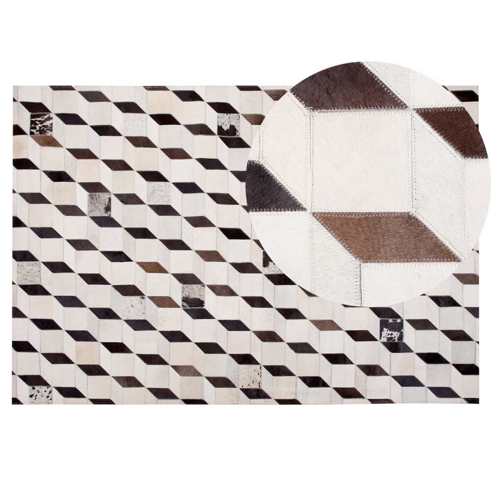 Image of Tappeto Crema Pelle 140 x 200 cm Moderno Patchwork Pelle Bovina Motivo 3D Tappeto Rettangolare Fatto a Mano